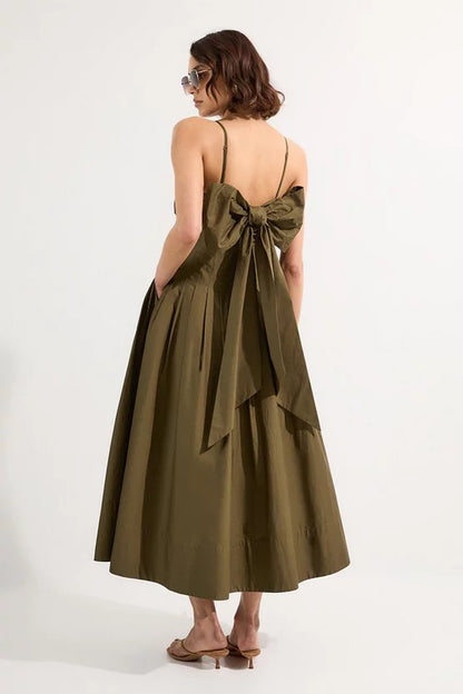 Cotton Poplin Maxi Strapless Sundress With Bow Tie At Back