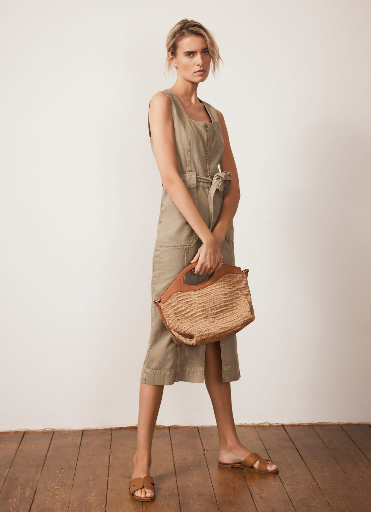 Khaki Denim Belted Midi Dress