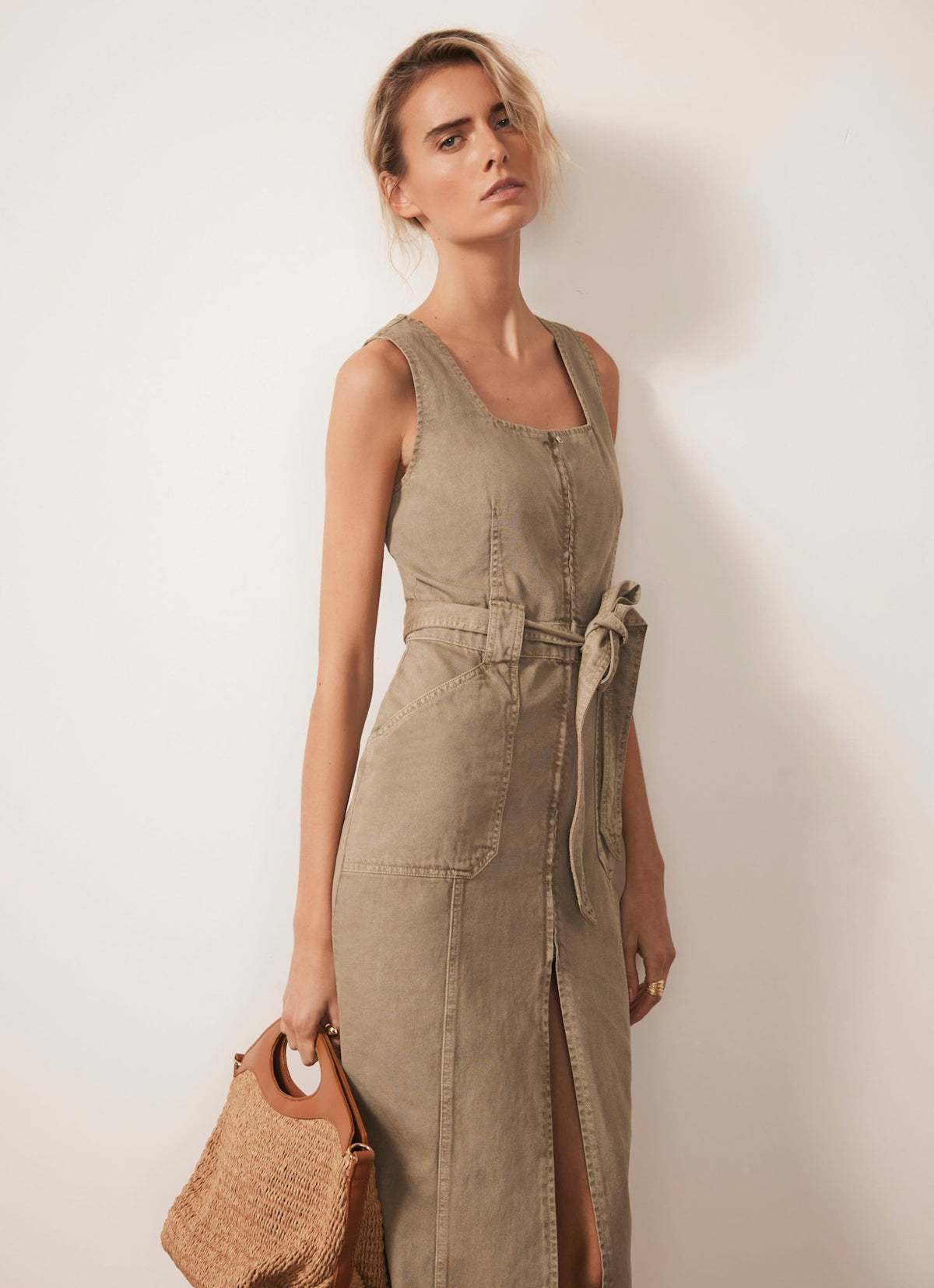 Khaki Denim Belted Midi Dress