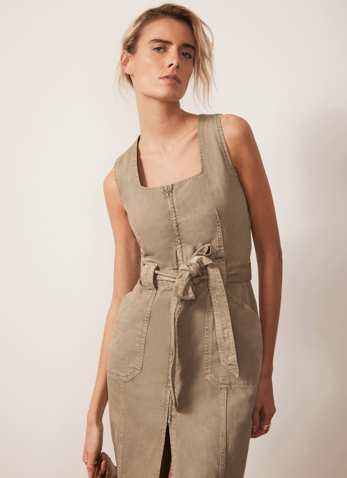 Khaki Denim Belted Midi Dress