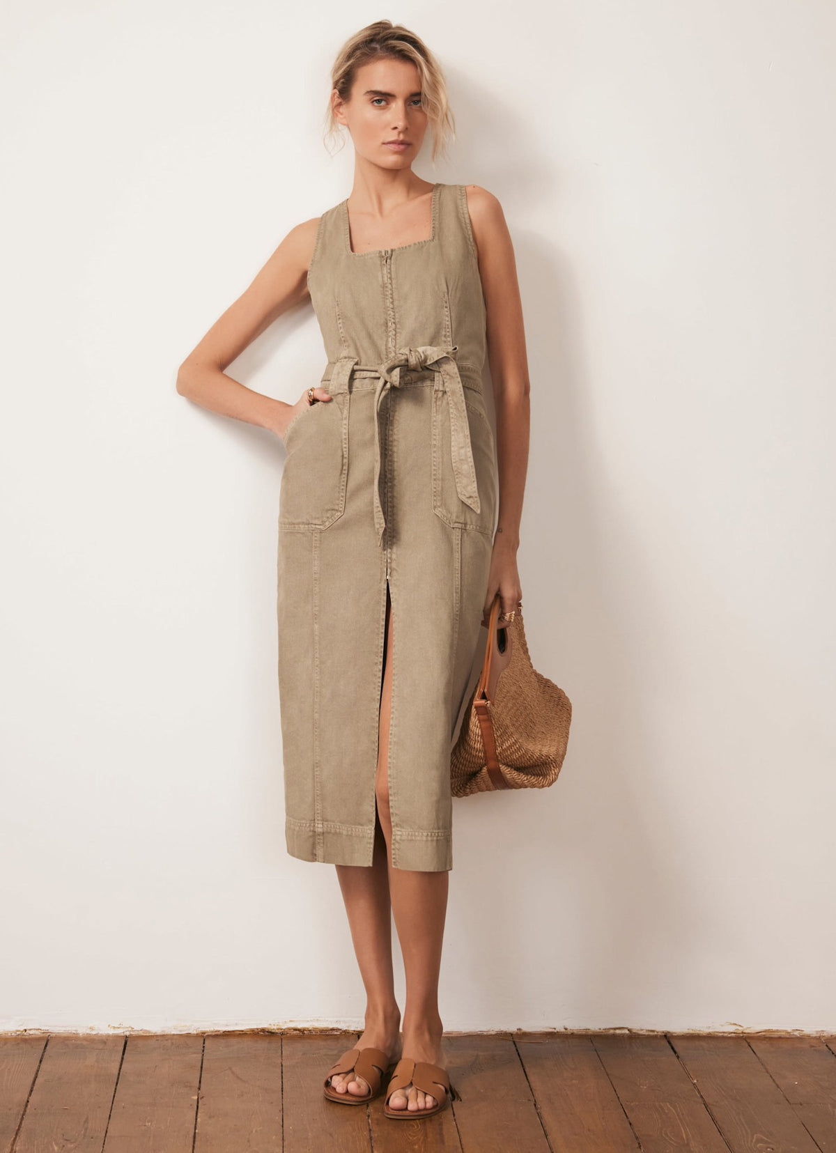 Khaki Denim Belted Midi Dress