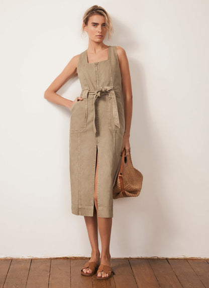 Khaki Denim Belted Midi Dress
