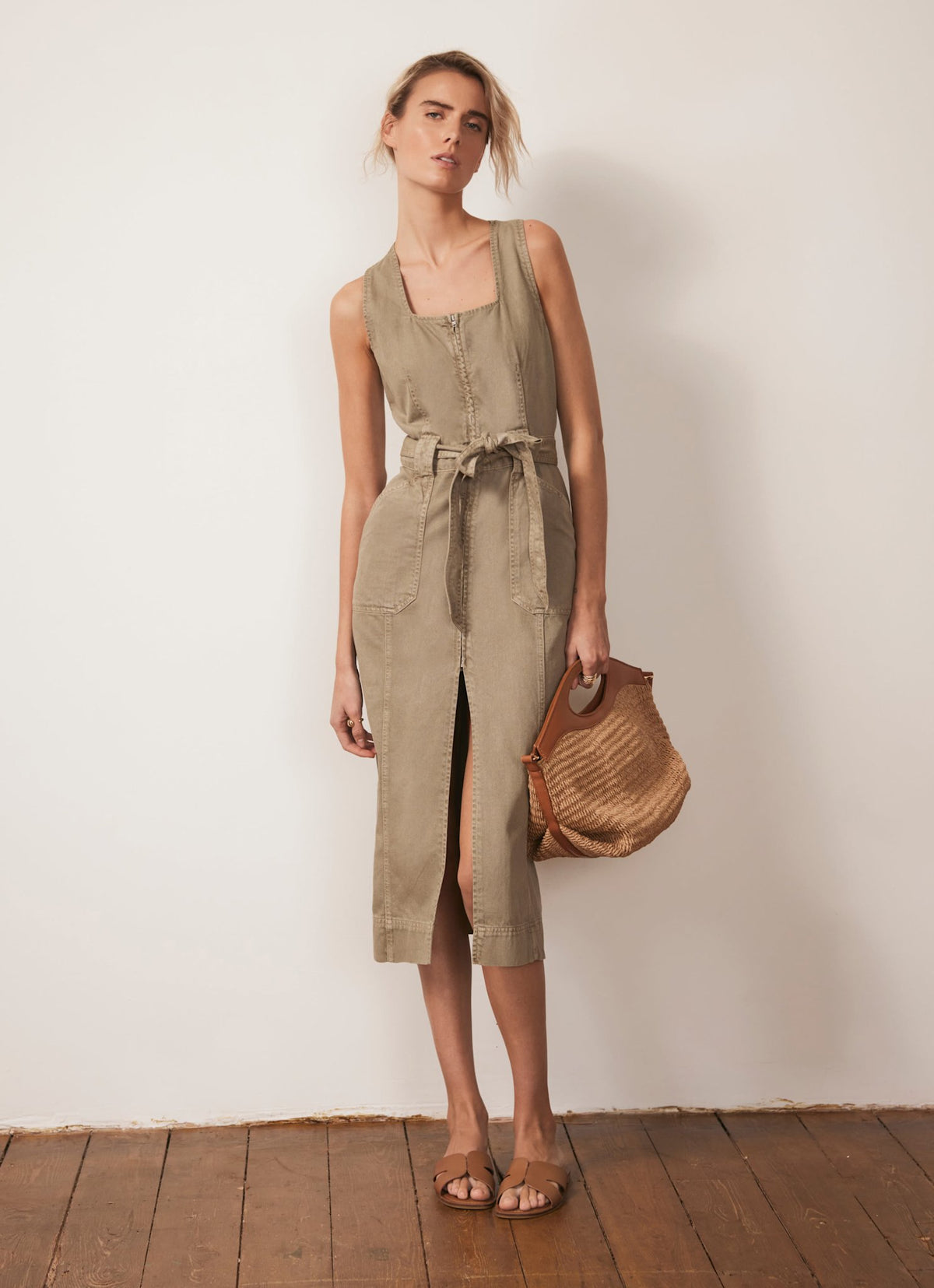 Khaki Denim Belted Midi Dress