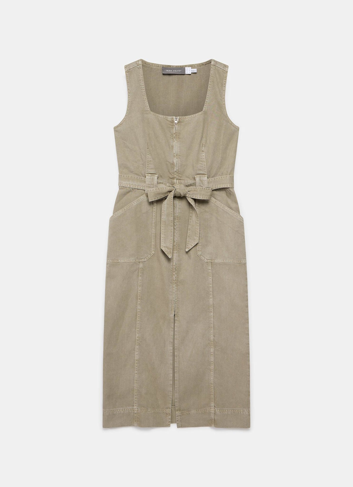 Khaki Denim Belted Midi Dress