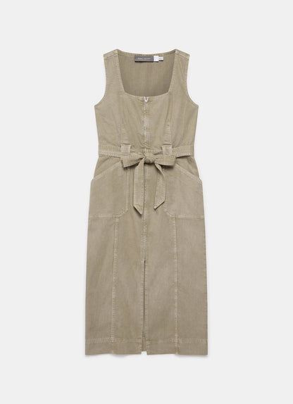 Khaki Denim Belted Midi Dress
