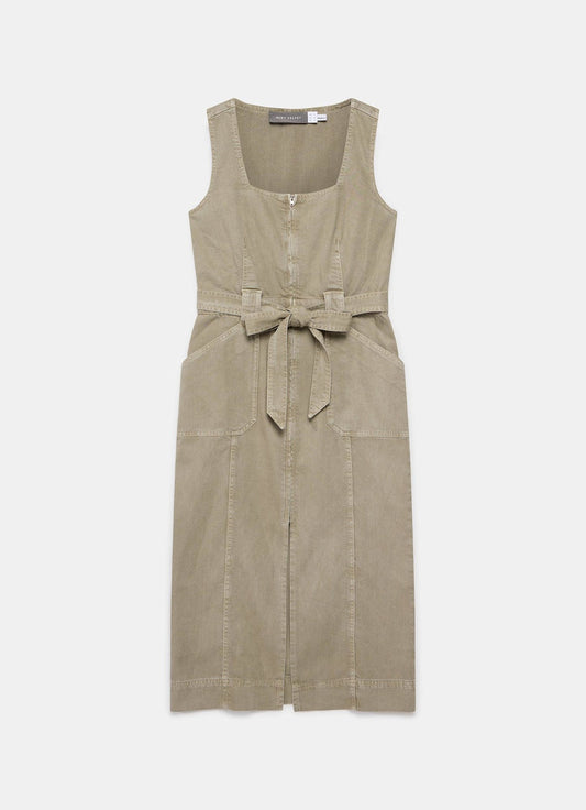 Khaki Denim Belted Midi Dress