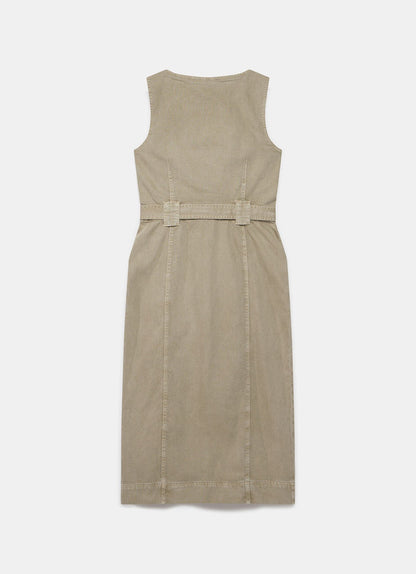 Khaki Denim Belted Midi Dress
