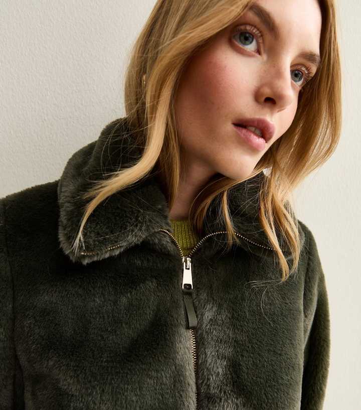 Khaki Faux Fur Bomber Jacket