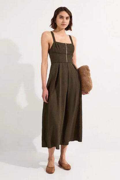 Linen Twill Top Stitch Strappy Woven Zip Front Midi Dress