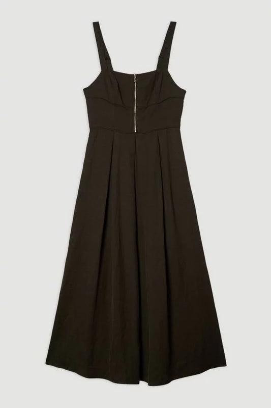 Linen Twill Top Stitch Strappy Woven Zip Front Midi Dress