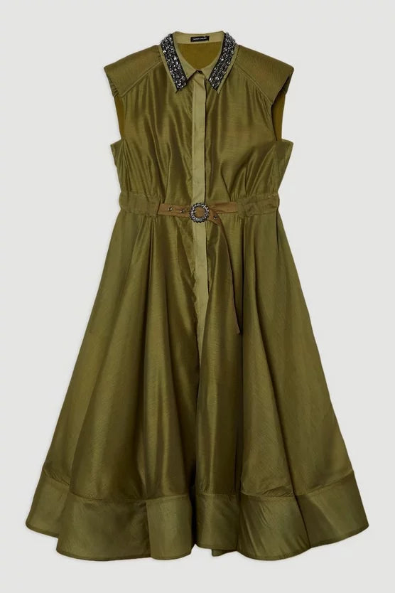 Organdie Shirt Dress With Crystal Embellished Belt