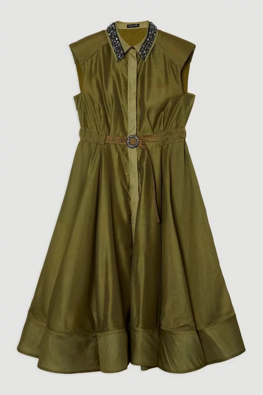 Organdie Shirt Dress With Crystal Embellished Belt