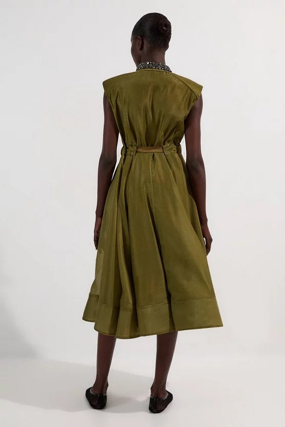 Organdie Shirt Dress With Crystal Embellished Belt
