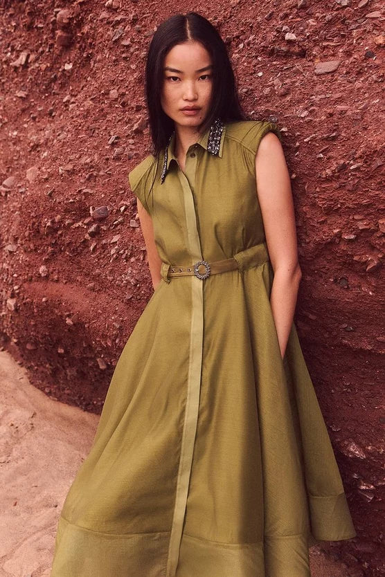 Organdie Shirt Dress With Crystal Embellished Belt