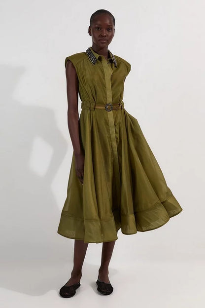 Organdie Shirt Dress With Crystal Embellished Belt