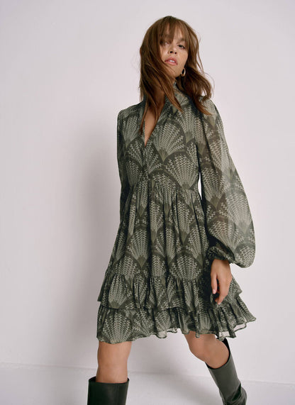 Khaki Printed Long Sleeve Mini Dress