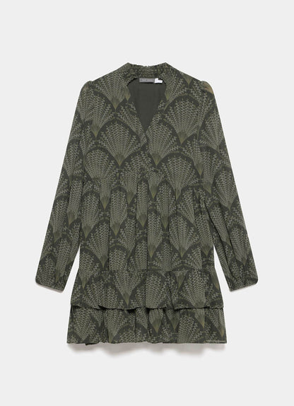 Khaki Printed Long Sleeve Mini Dress