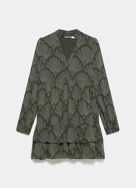 Khaki Printed Long Sleeve Mini Dress