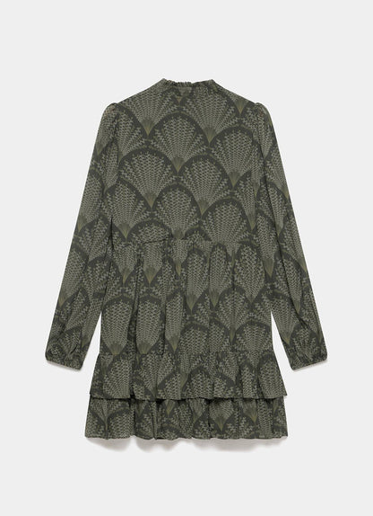 Khaki Printed Long Sleeve Mini Dress
