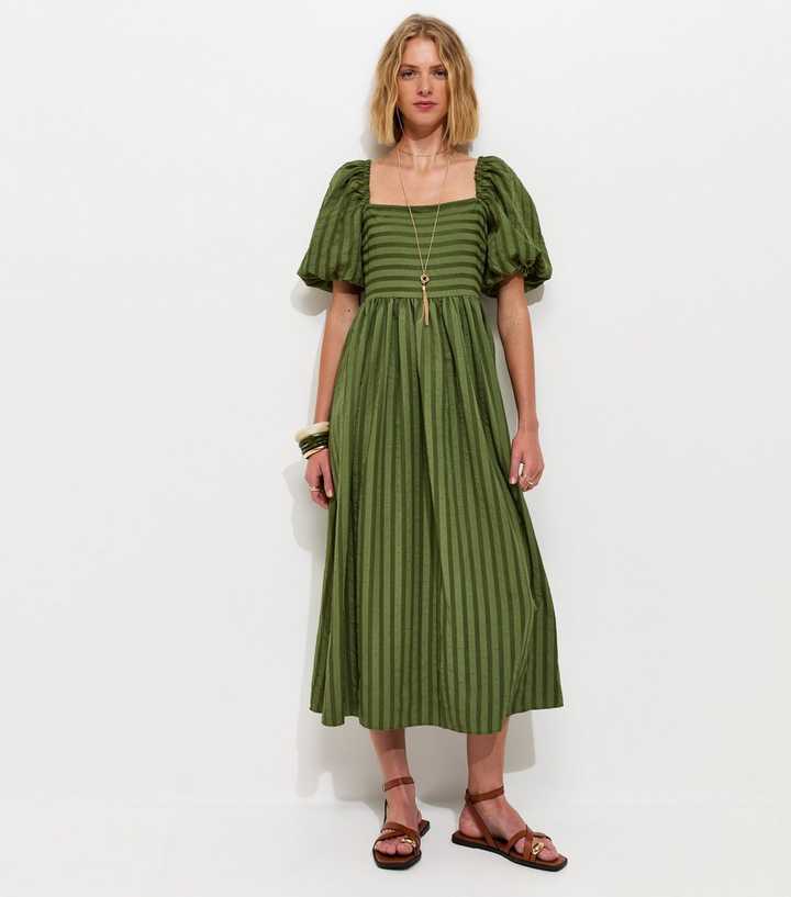 Khaki Puff Sleeve Striped Midi Dress