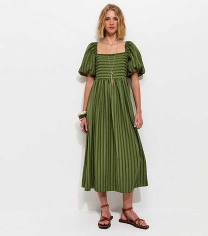 Khaki Puff Sleeve Striped Midi Dress