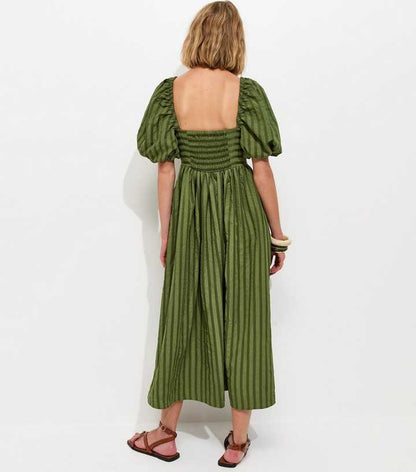 Khaki Puff Sleeve Striped Midi Dress