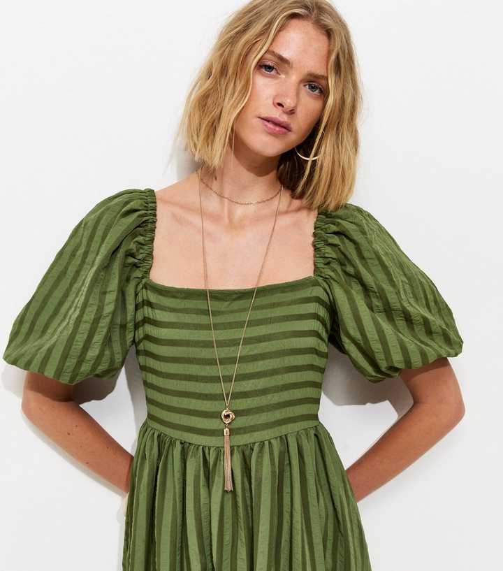 Khaki Puff Sleeve Striped Midi Dress