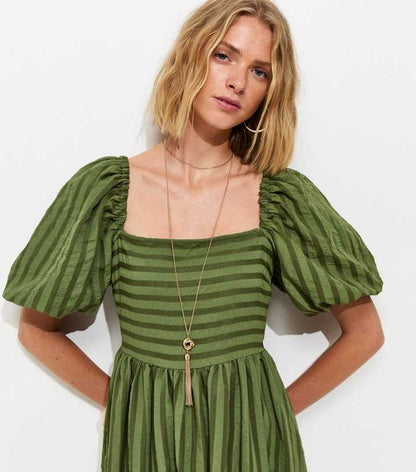 Khaki Puff Sleeve Striped Midi Dress