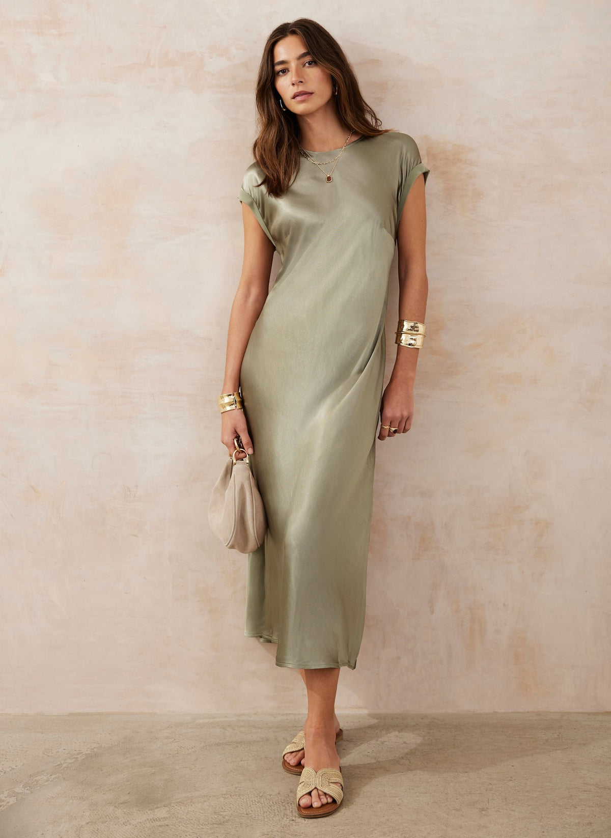 Khaki Satin Midi Dress