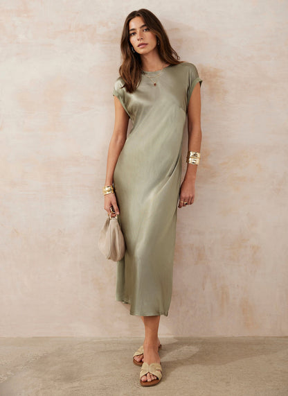 Khaki Satin Midi Dress