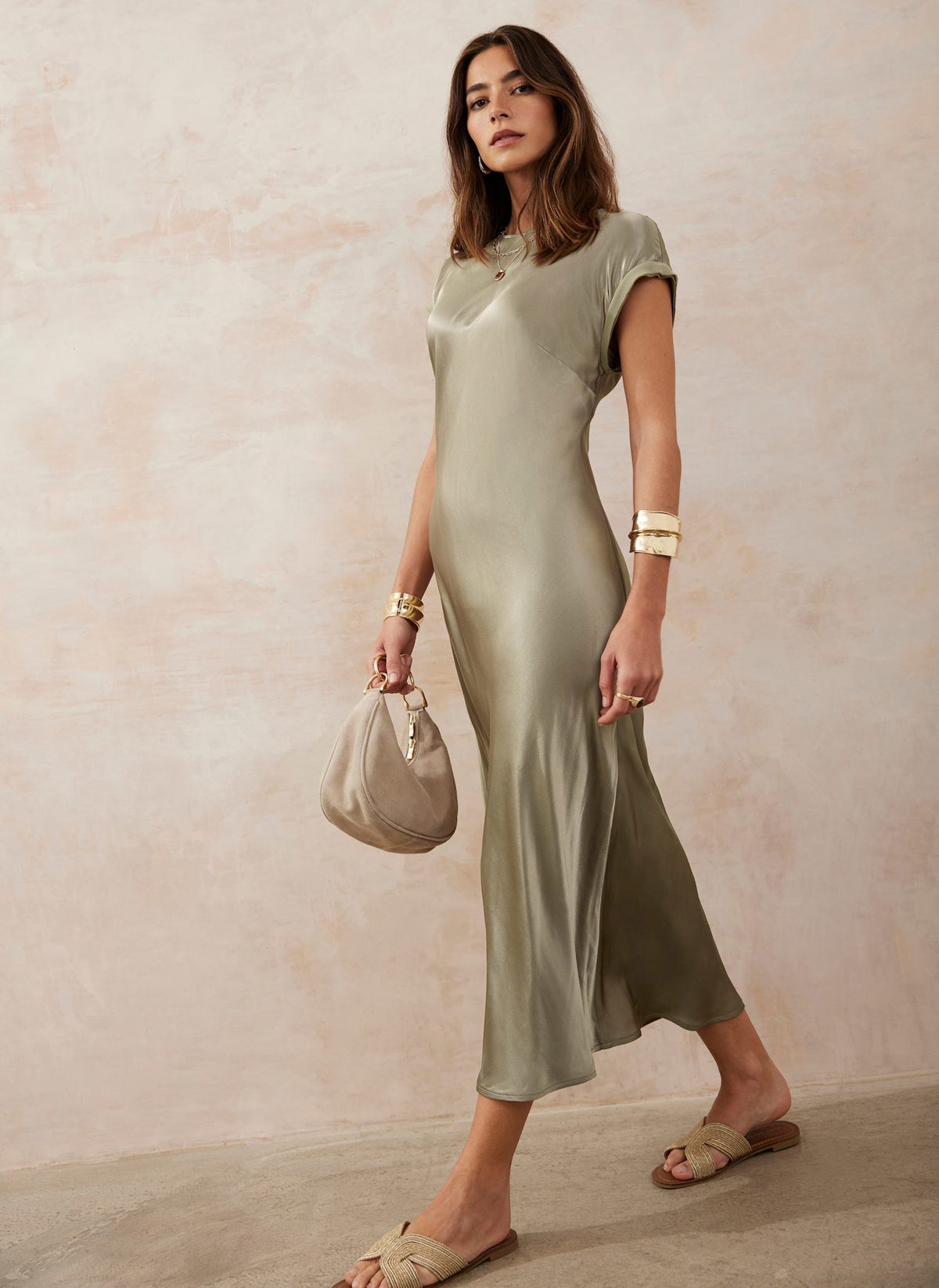 Khaki Satin Midi Dress