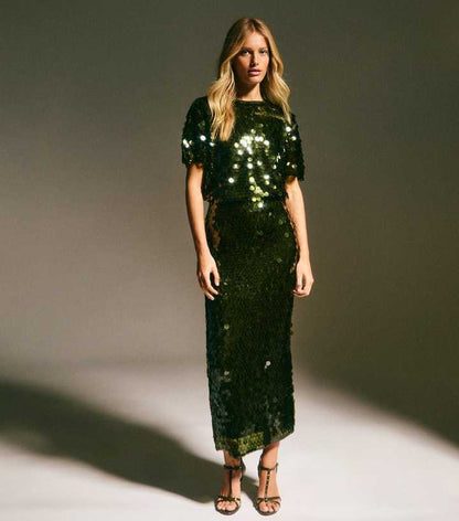 Khaki Sequin Midi Skirt