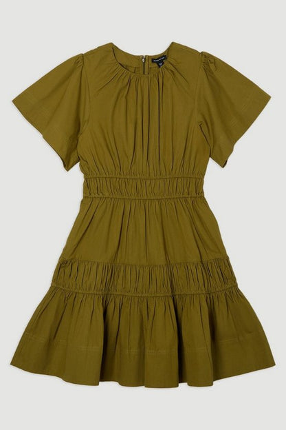 Shirred Cotton Tiered Woven Mini Dress