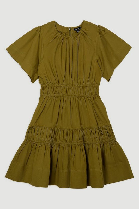 Shirred Cotton Tiered Woven Mini Dress