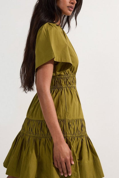 Shirred Cotton Tiered Woven Mini Dress