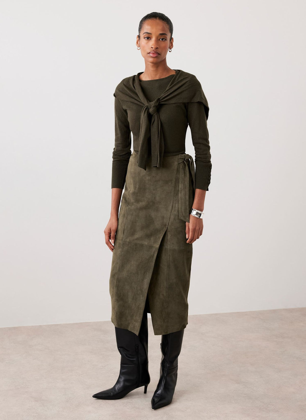 Khaki Suede Midi Skirt
