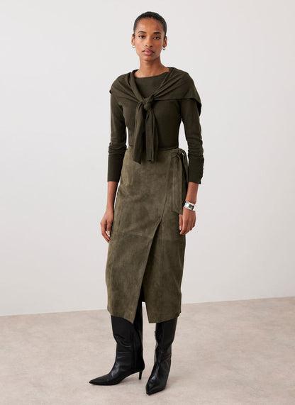 Khaki Suede Midi Skirt