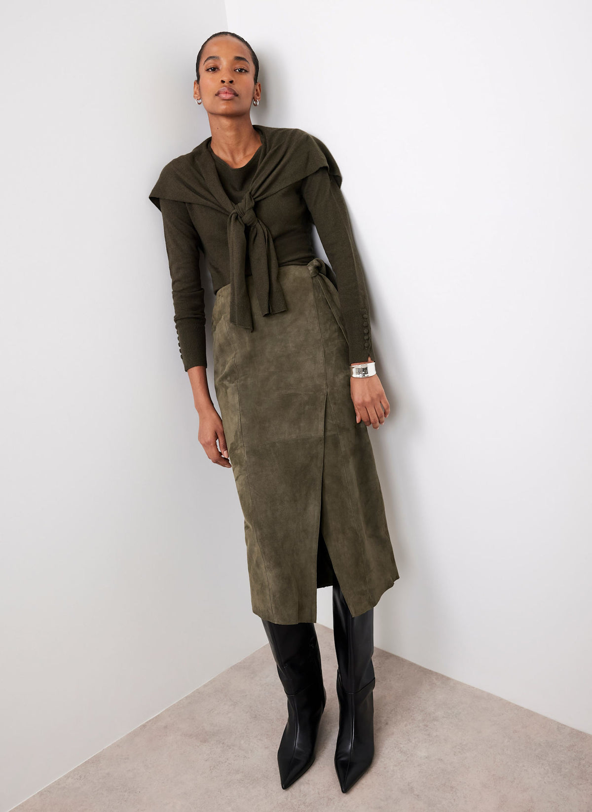 Khaki Suede Midi Skirt