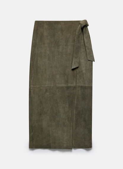 Khaki Suede Midi Skirt