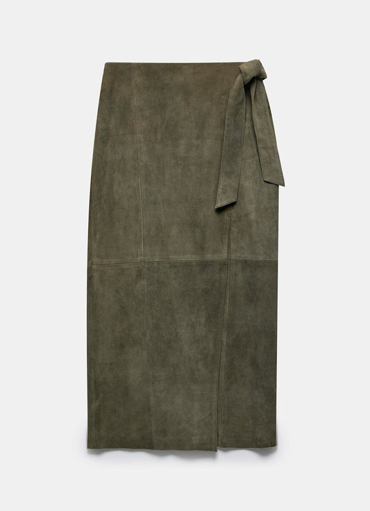 Khaki Suede Midi Skirt