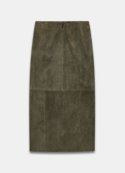 Khaki Suede Midi Skirt