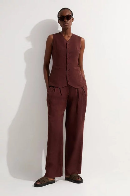 Viscose Linen Pleat And Pocket Detail Woven Straight Leg Trouser