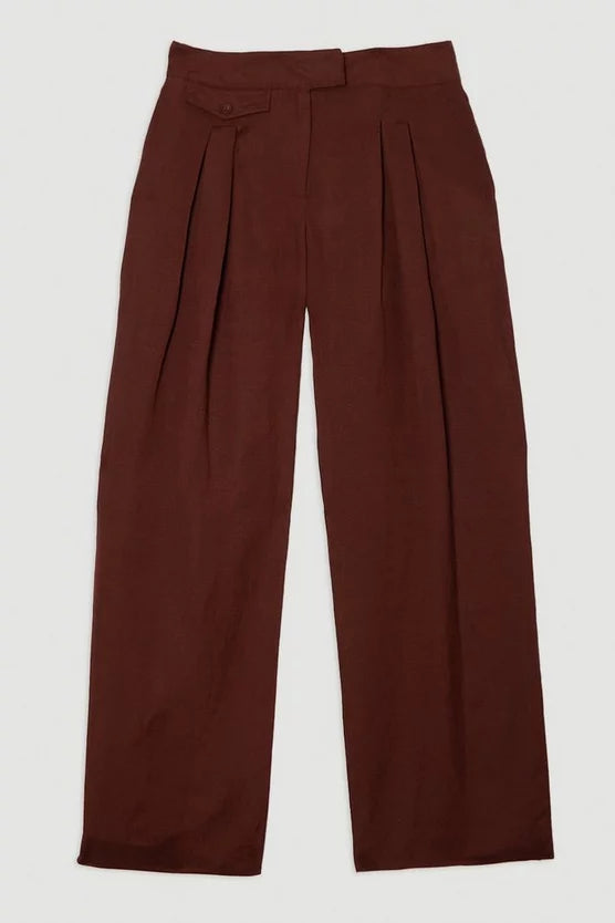 Viscose Linen Pleat And Pocket Detail Woven Straight Leg Trouser