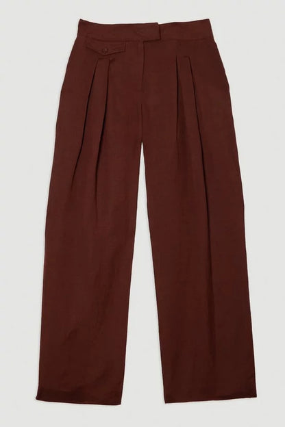 Viscose Linen Pleat And Pocket Detail Woven Straight Leg Trouser