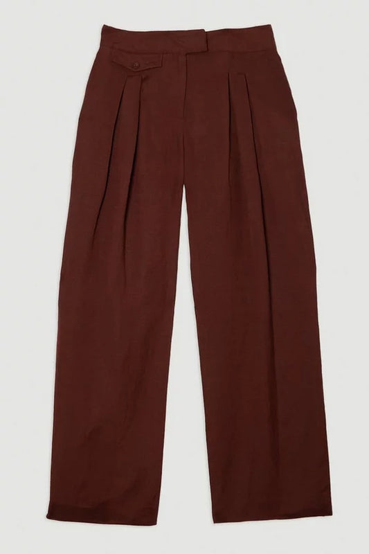 Viscose Linen Pleat And Pocket Detail Woven Straight Leg Trouser