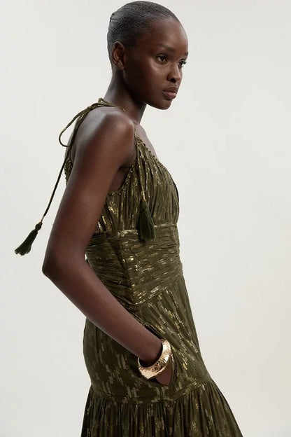 Viscose Metallic Thread Strappy Woven Sun Dress