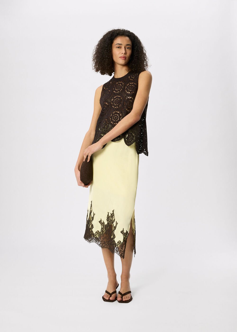 Yellow/Multi Lace Hem Satin Midi Skirt