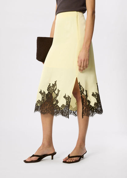 Yellow/Multi Lace Hem Satin Midi Skirt