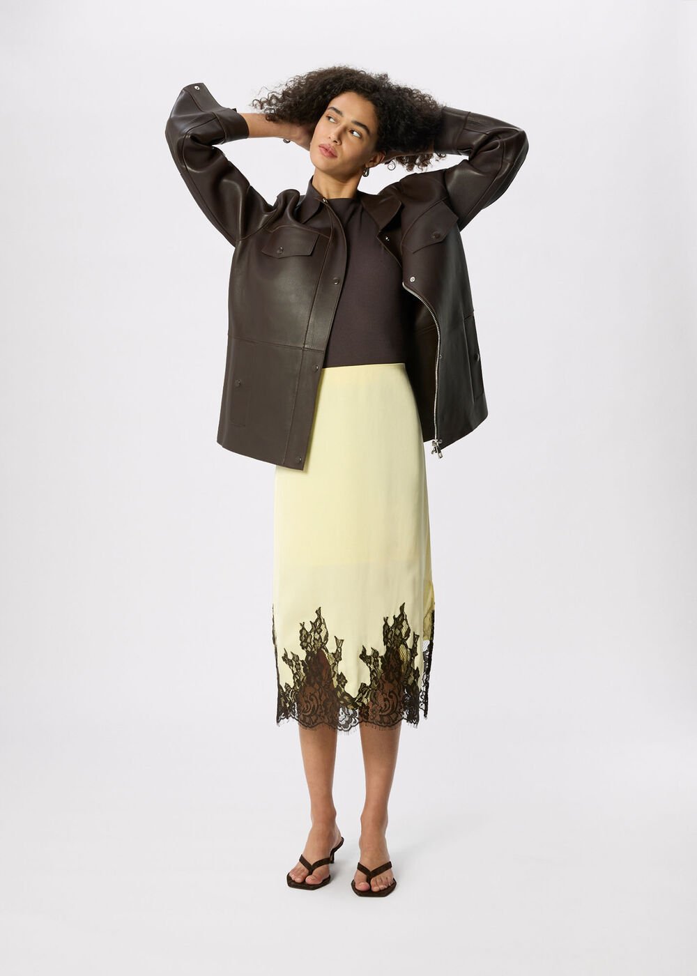 Yellow/Multi Lace Hem Satin Midi Skirt