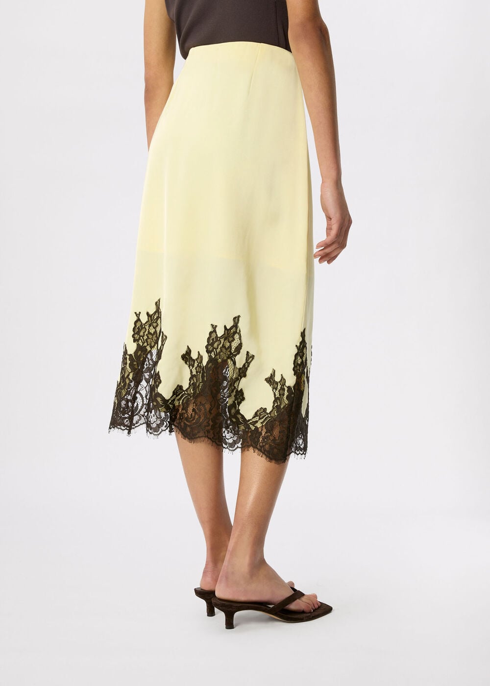 Yellow/Multi Lace Hem Satin Midi Skirt